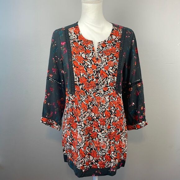 Caffe Marrakesh Orange and Dark Grey Multi Floral Tunic Blouse. Size Small - Picture 1 of 12